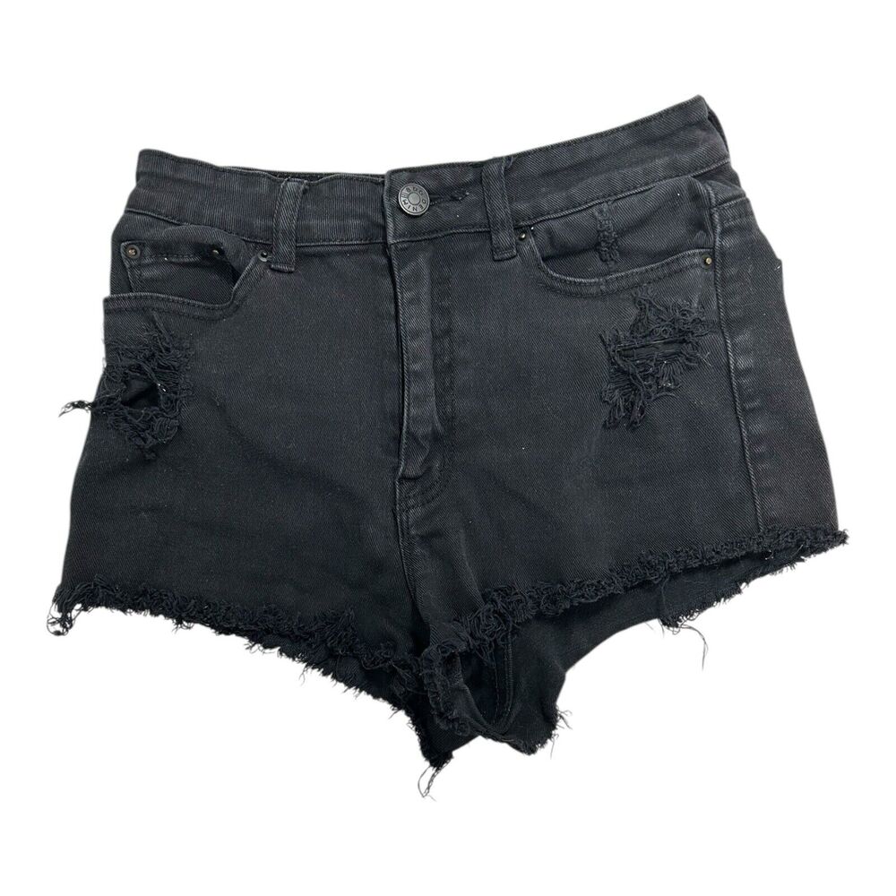 BDG High Rise Cheeky Black Denim Shorts 27 Distressed Frayed Hem Grunge Alt Punk